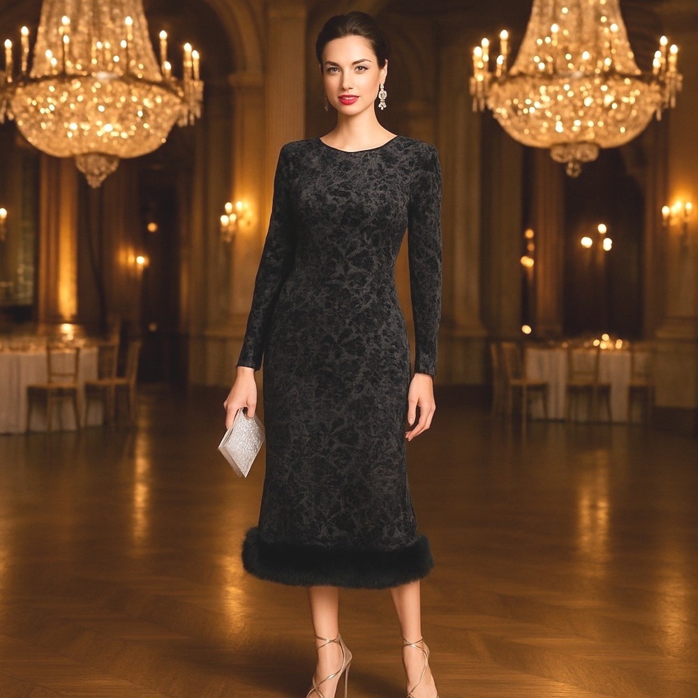 VTG 80s CII NY Paris Burnout Devoré Velvet Design Fur Trim Cocktail Dress NWT